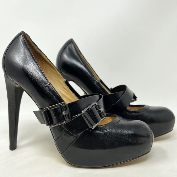 L.A.M.B. Black Leather Mary Jane Designer Heels Size 8 1/2 M $325 - Picture 1 of 12